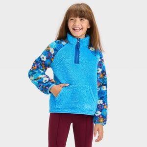 NEW! Girls' Faux Shearling Floral Quarter Zip Sweatshirt - Cat & Jack Blue